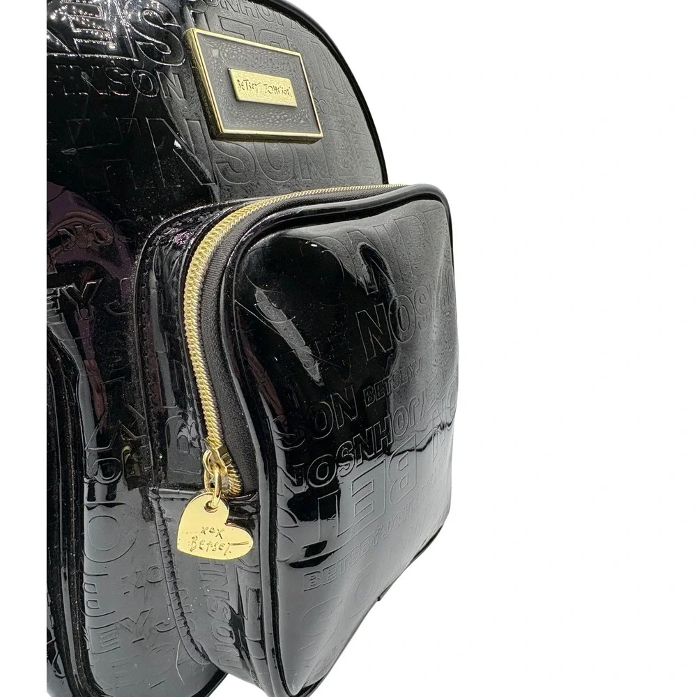 Betsey Johnson Mini Backpack Womens Black Excellent Patent‎ Embossed Logo Bag